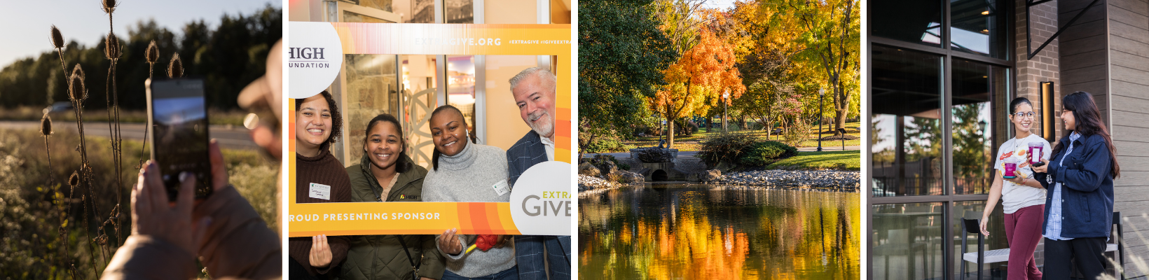 Web header for event calendar page. Includes photo of people, and fall foliage in the park 