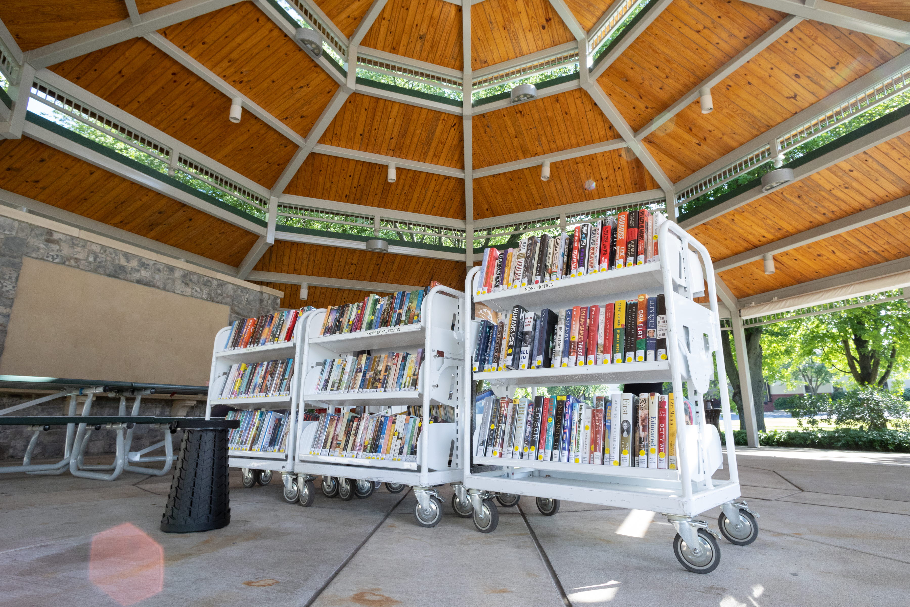 Portable racks of library books under a pavilion. 