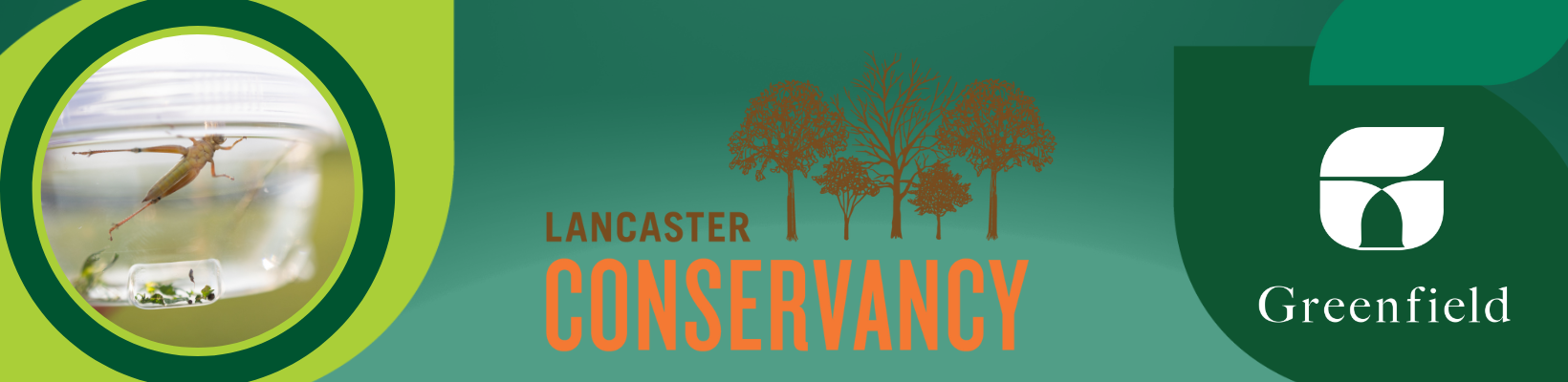 Photo of grasshopper in clear container next to company logos